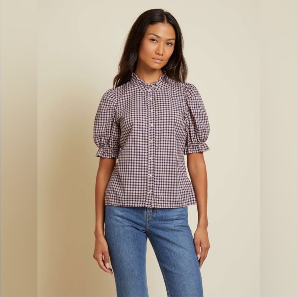 Nation LTD Purple and White Gingham Puff Sleeve Button-Up Blouse